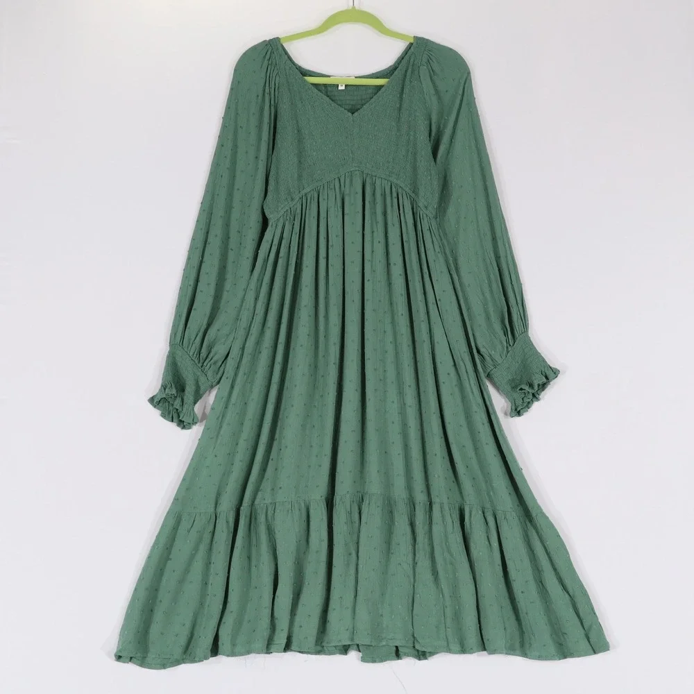 Baltic Born Midi Dress Womens 1X Green Swiss Dot Smocked V-Neck Cottagecore Boho